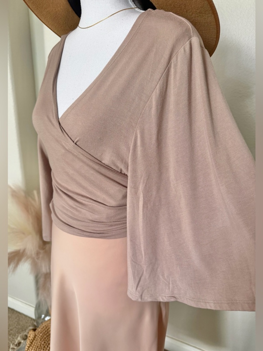 Zenana Outfitters - versatile Brown Crop Wrap Top - Picture 4 of 9